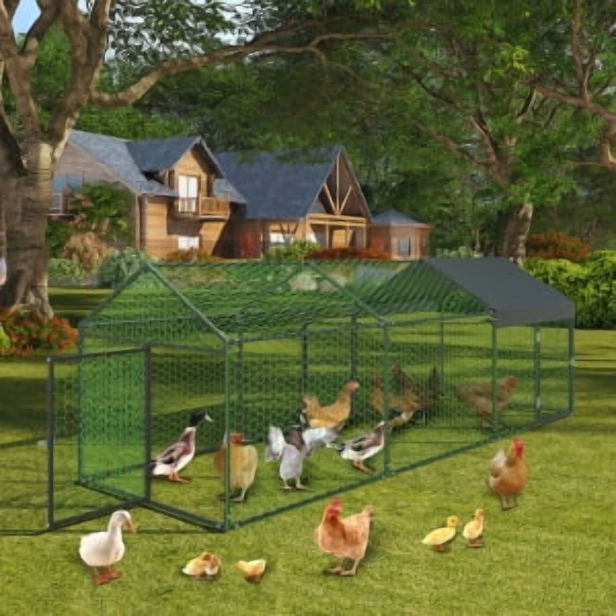 Soonbuy Metal ChickenCoop, Large Chicken Run with 3 Doors, Outdoor Hen House for Yard with Waterproof and Anti-UV Cover, Walk in Poultry Cage for Rabbit Duck Goose