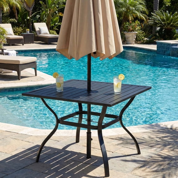 Firmoz 37" Outdoor Patio Dining Table, Square for 4 Person with Umbrella Hole, All-Weather Metal for Garden Backyard Porch, Black