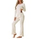 thumbnail image 4 of Conjunto de lounge de punto acanalado para mujer INSPIRE CHIC, con top de mangas largas y pantalones, conjunto de pijama de dos piezas a juego, color blanco, 4 of 5