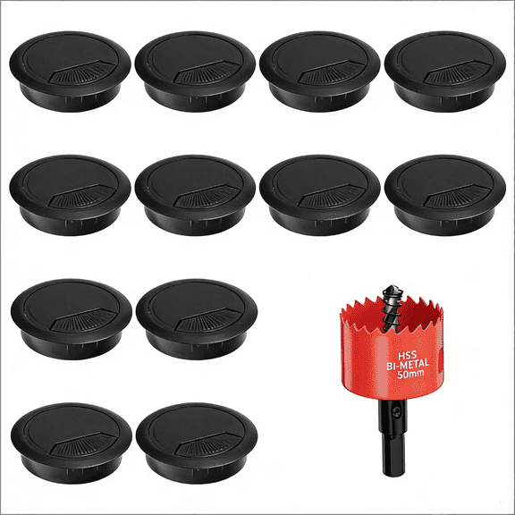 12 Pcs 2 Inch (50mm) Black Desk Cable Grommets – Desk Hole Covers with Hole Saw | Cord Wire Hole Inserts for Office Desks, Furniture & Cable Management