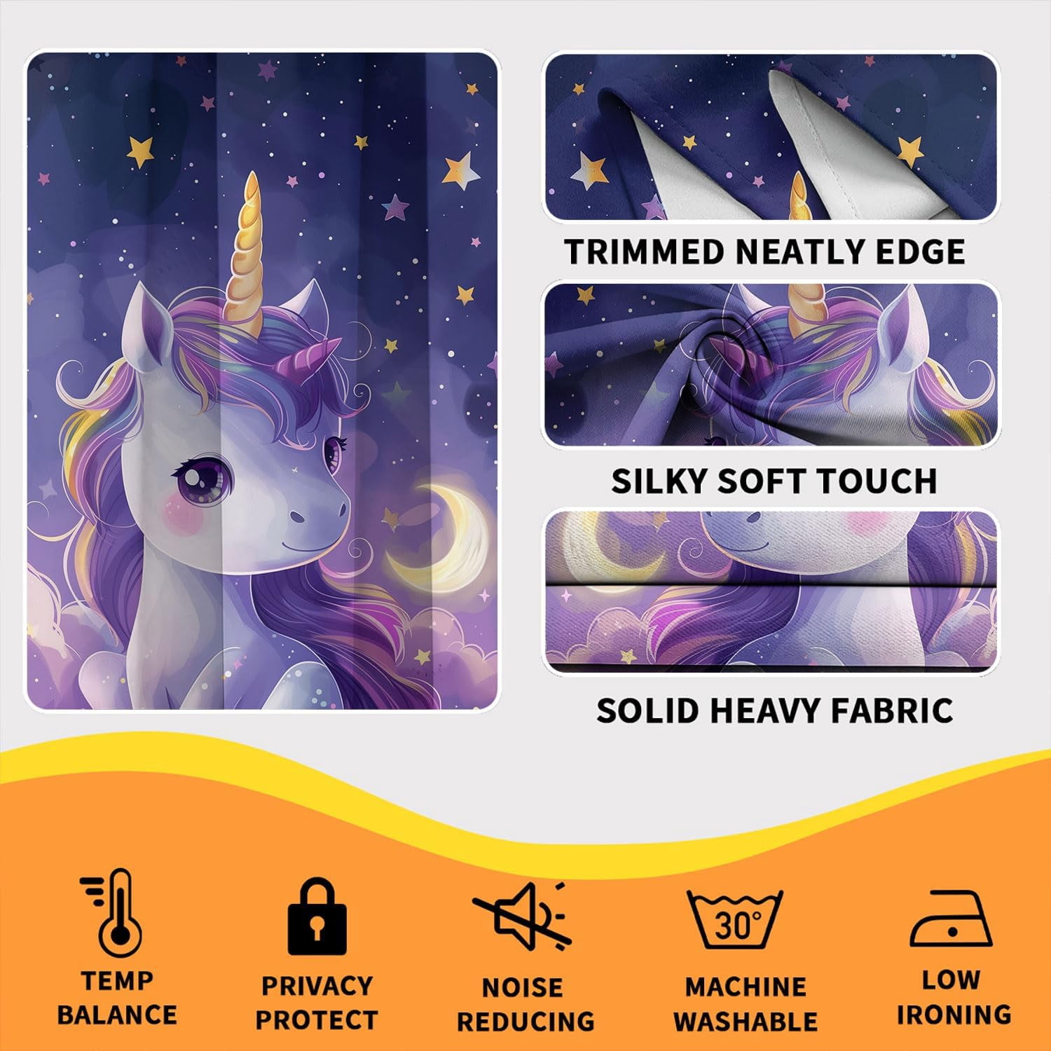 Cute Unicorn Blackout Curtains for Kid Girls Boys Bedroom, Cartoon Stars Moon Dreamy Fantasy Rod Pocket Darkening Thermal Insulated Curtains for Bedroom Living Room, W42 x L63 Inch
