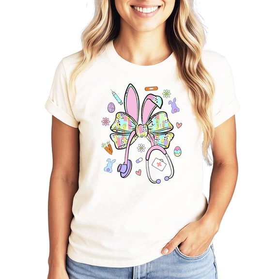 Fun Easter Nurse Shirt for Women - Cute Bunny Bow Stethoscope Graphic Tee Natural Shirt Adult Medium