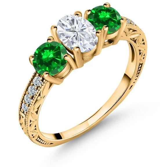 Gem Stone King 18K Yellow Gold Plated Silver Green Created Emerald Ring Set with Moissanite (2.70 Cttw) (Size 6)