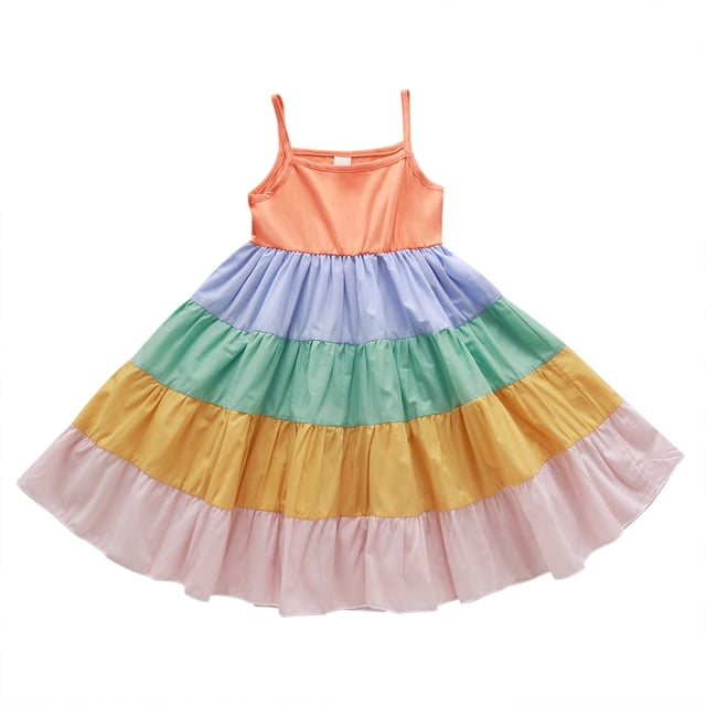 Vestido Para Niñas, Ropa Para Niñas Pequeñas, Moda Para Niños Pequeños, Estampado De Colores Arcoíris s, Tirantes De Empalme, Vestido Multicolor Odeerbi LM103-8775