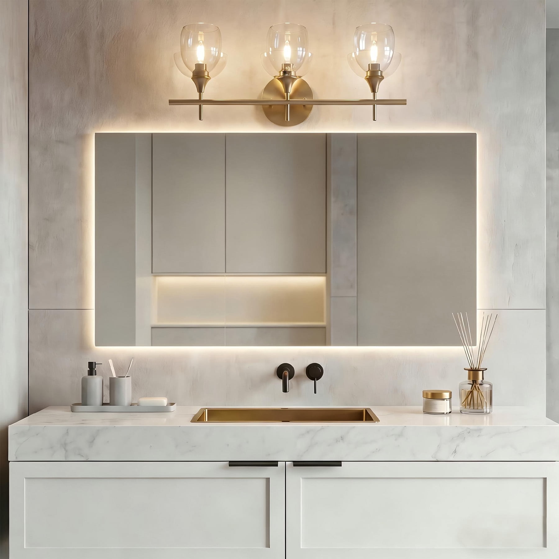 Fnova 3-Light Bathroom Vanity Light with 2-Tier Clear Glass Shade, E12 Base, Anti-Rust Finish for Bathroom Vanity Bedroom