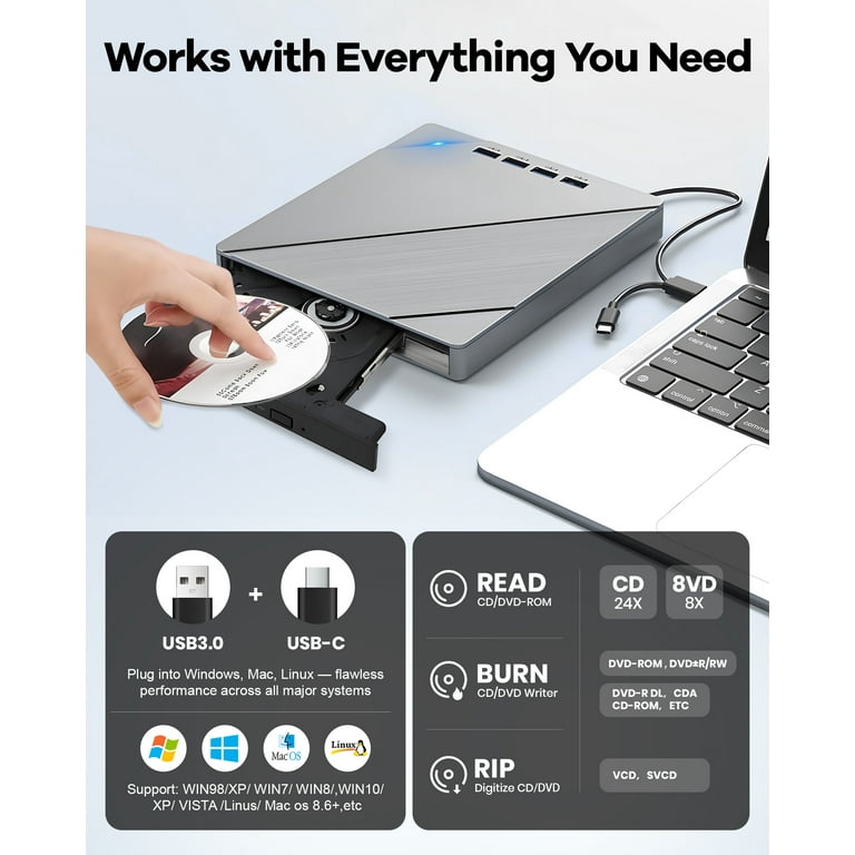 atzeste External CD DVD Drive with USB 3.0 Type C Port SD TF atzeste External CD DVD Drive with USB 3.0 Type C Port SD TF