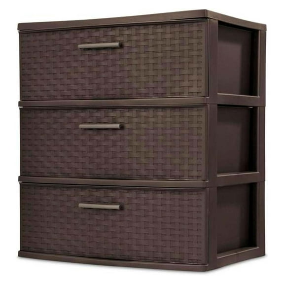 WOLEGEDO 3 Drawer Wide Weave Storage Tower, Plastic Decorative Drawers to Organize Clothes in Bedroom, Closet, Brown with Brown Drawers, 1-Pack