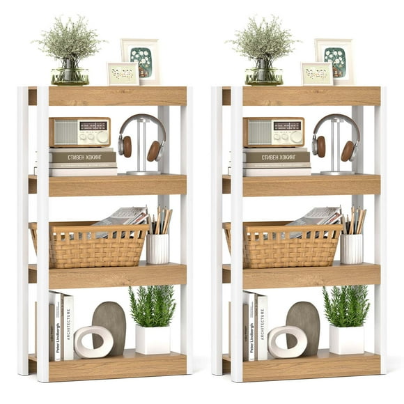 Costway 2 PCS 4 Tier Bookshelf Wooden Bookcase with Dual Anti-Tipping Kits Open Shelving Unit Natural