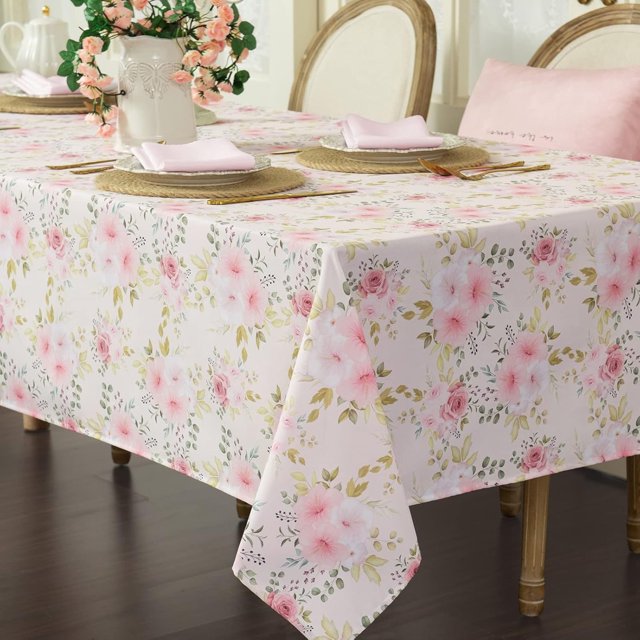 Flower Tablecloth, Pink Floral Table Cloth for Rectangle Tables,Waterproof Resistant Rose Table Cover for Valentines,Parties,Wedding Use Spring/Summer (60 X 120 Inch)