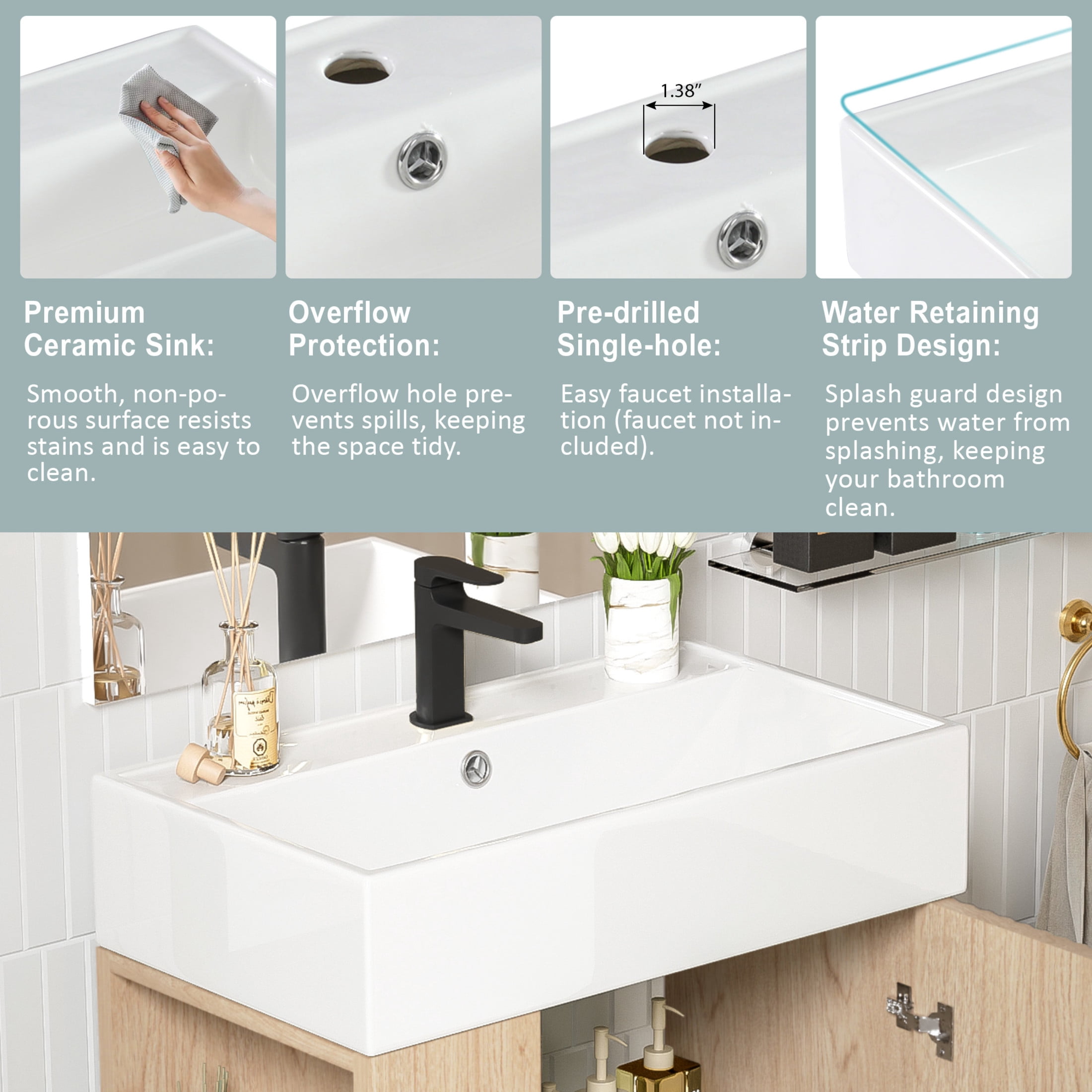 Noble House 21.6" Bathroom Vanity with Ceramic Sink, Left Side Storage Cabinet & Black Metal Legs, Wood