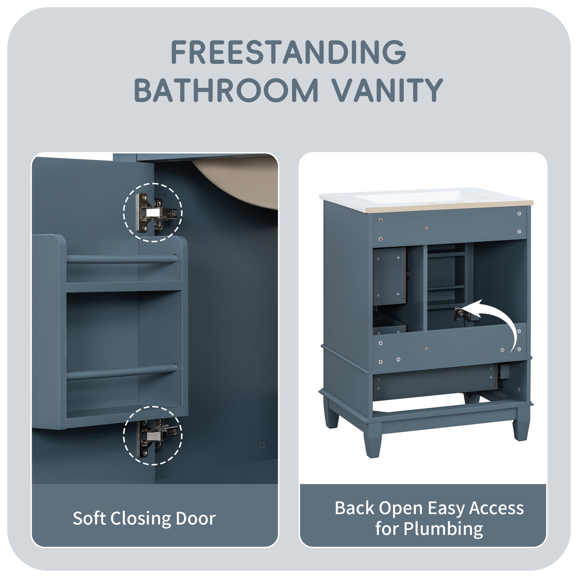 Harper & Bright Designs 24" Small Bathroom Vanity with Sink, Bathroom Cabinet Freestanding with Drawers, Modern Bathroom Storage Cabinet with Shelves for Small Space, Blue Gray