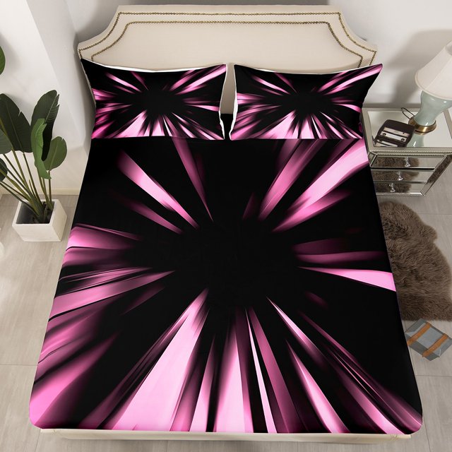 Erosebridal Girls Abstract Fitted Sheet Queen, Neon Geometry Bedding Set Queen Size, Modern Fishion Stripe Decor(No Top Sheet)