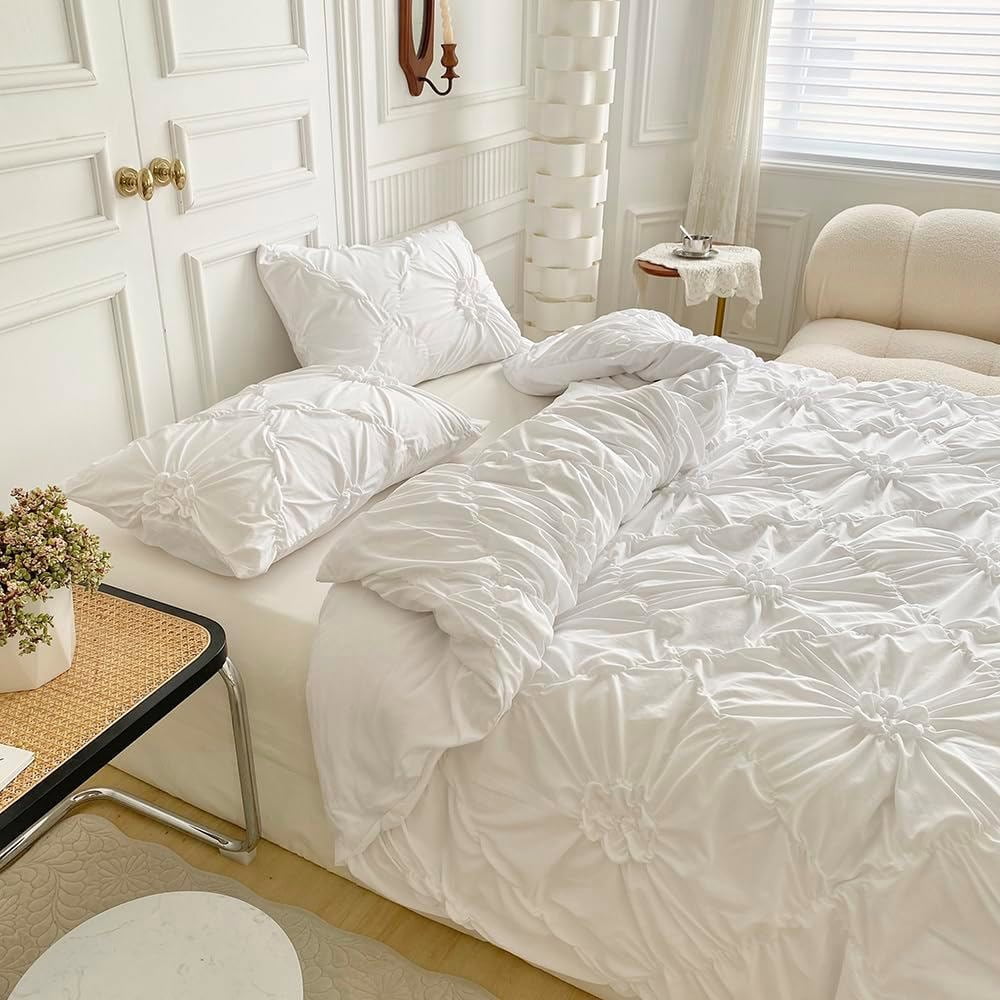 Rustic French Style Textured Flower Pinch Pleated White Duvet Cover Set Solid Luxury Bedding Sets,Queen Size