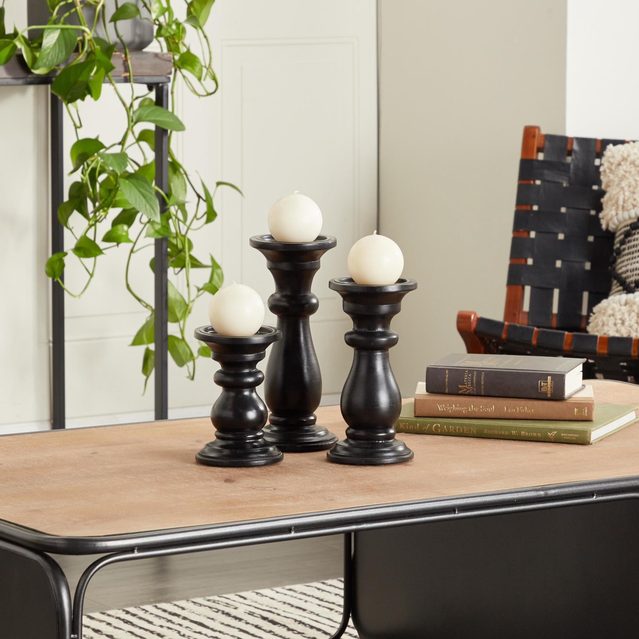 DecMode 3 Candle Black Mango Wood Turned Style Pillar Candle Holder, Set of 3