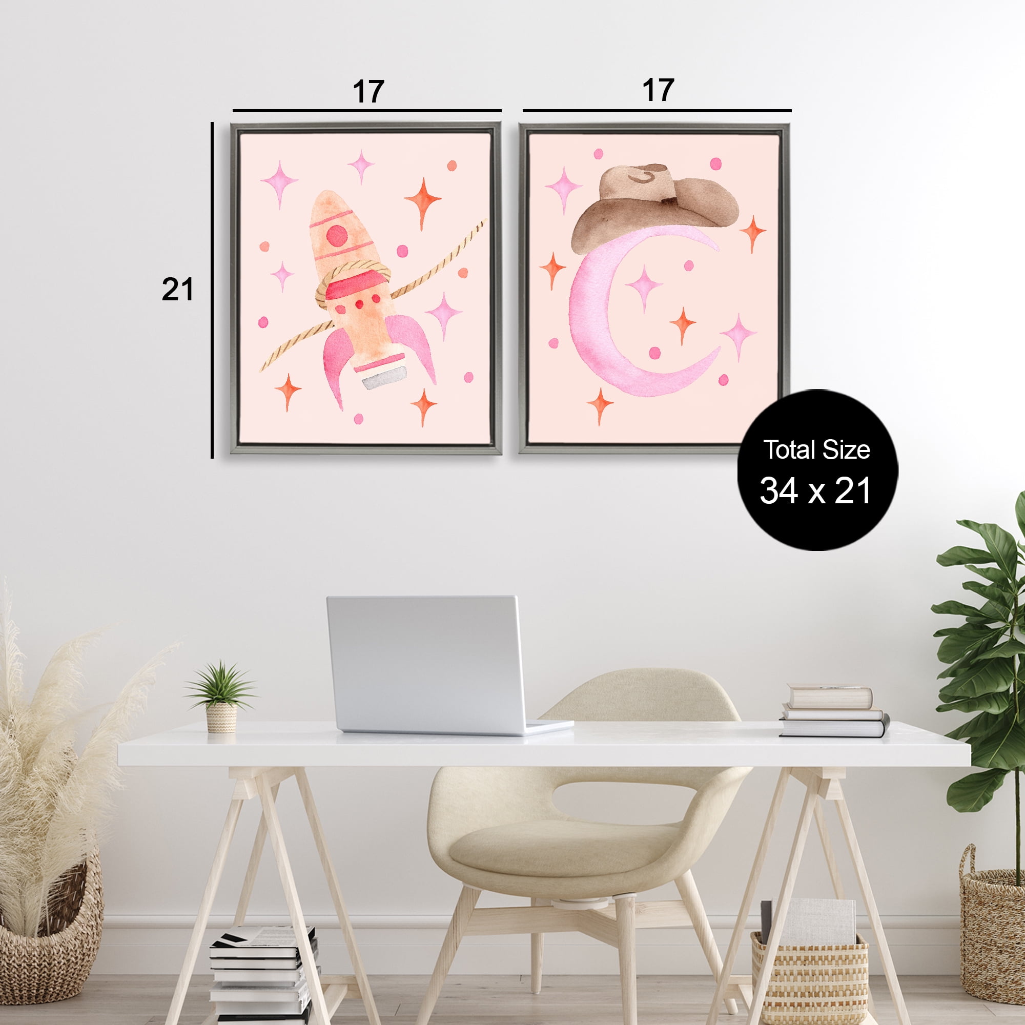 Space Cowgirl Rocket Ship 2 Piece Gray Framed Floater Canvas Set, design by Nina Jacobs