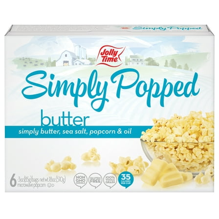 JOLLY TIME Simply Popped Butter 3 oz. 6 Ct. Microwave Popcorn.  Gluten-Free Non-GMO
