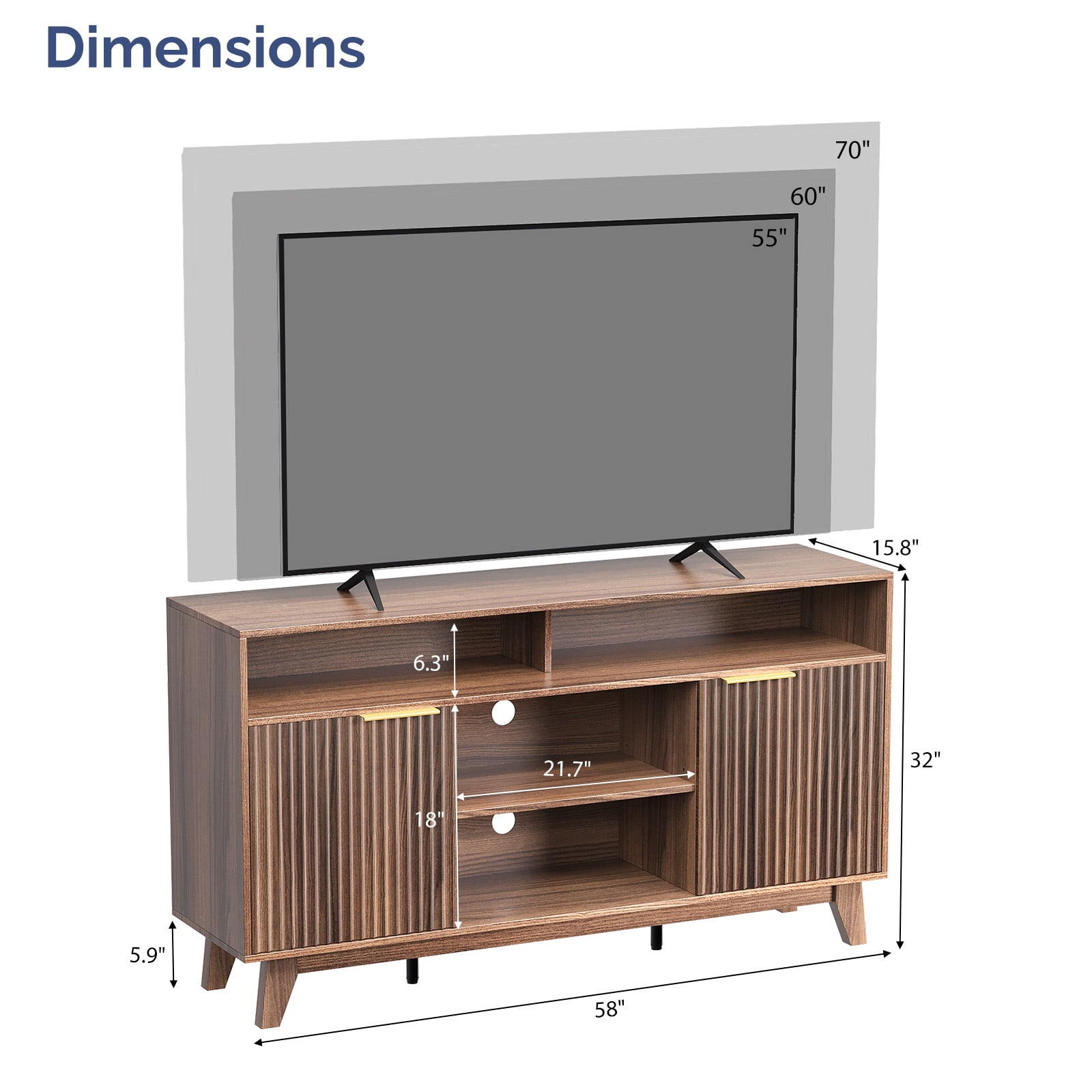 Ktaxon Modern Fluted TV Stand for 55/60/65" TVs, Wood Entertainment Center with 2 Doors and 4 Open Shelves Storage for Living Room, Home, Dark Walnut