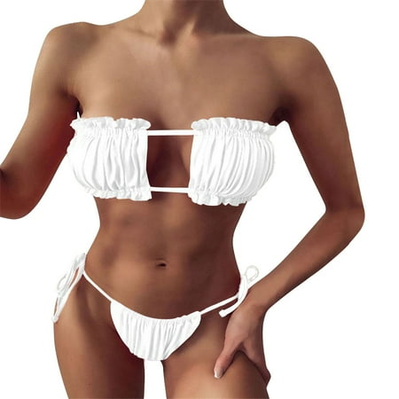 JIANJIA Swim Suits for Women Summer Solid Color Sexy Strapless Pleated Hollowed Out Brassiere With Thongs Two Piece Bikinis Swimwears Beachwear White S