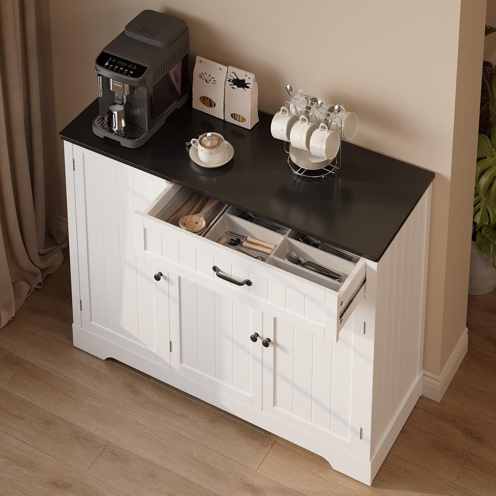 Coffee Bar Cabinet, Lofka 42" Farmhouse Kitchen Storage Sideboard Buffet Cabinet with 8 Shelves & 1 Drawer, Multifunctional Console Table for Dining Living Room Entryway Coffee Station, Black Desktop