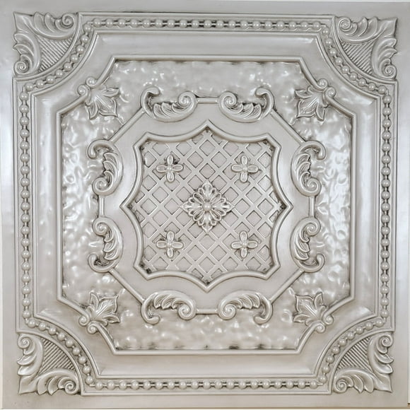 Drop-In, Glue-Up 2'x2' Faux Tin PVC Ceiling Tile In Antique White, Sample