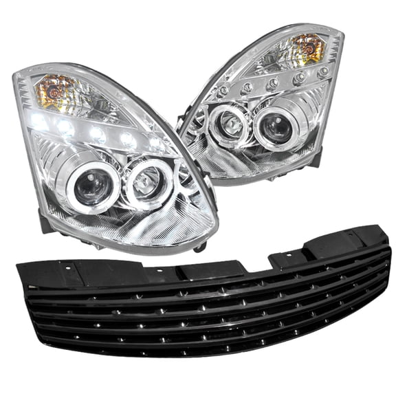 Spec-D Tuning LED Halo Chrome Projector Headlights Grille Compatible with 2003-2007 Infiniti G35 2 Dr Coupe Left   Right Pair Headlamps Assembly