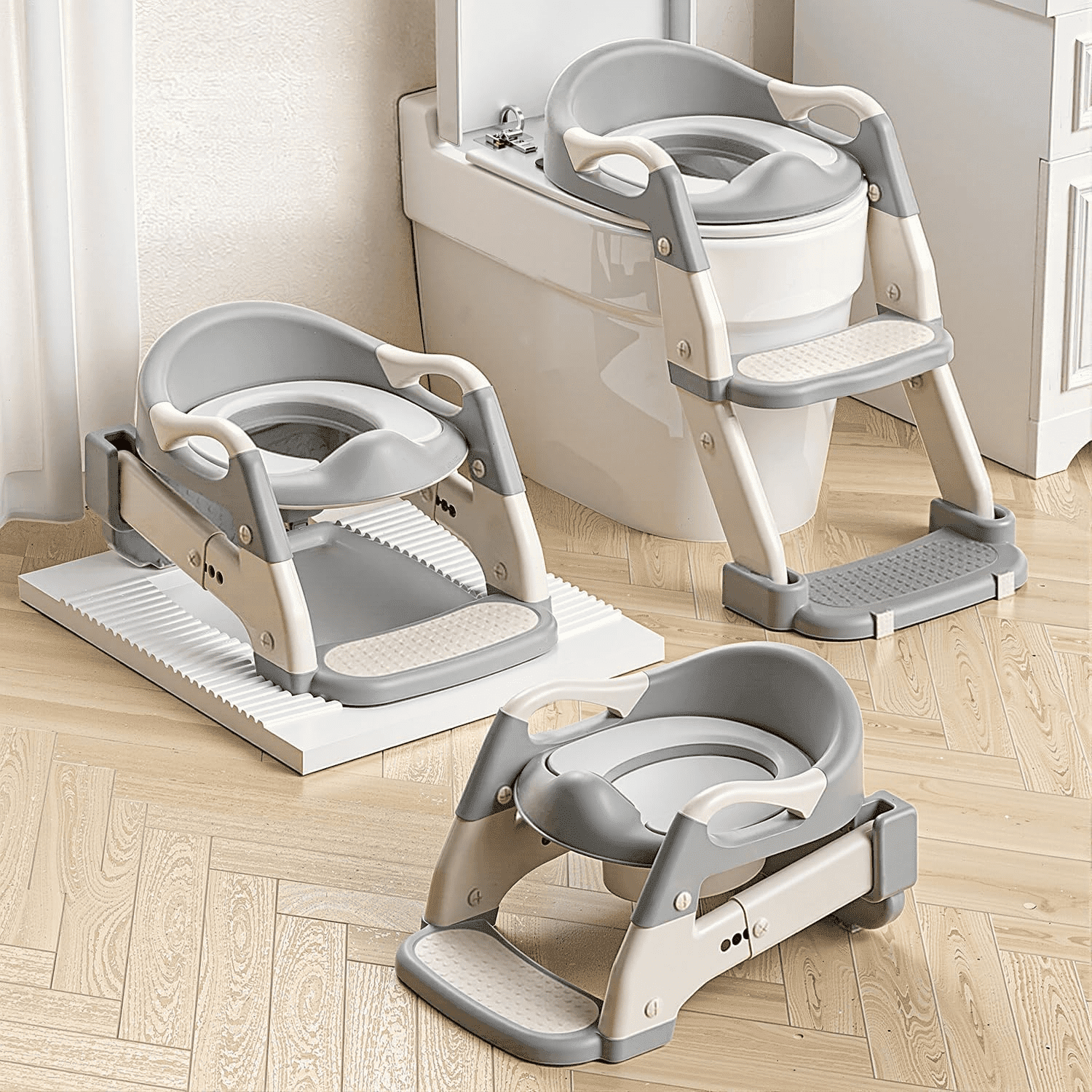 CEZOUAE 3 in 1 Kids Potty Seat With Steps,Foldable Toddler Toilet Ladder Anti Slip Potty Training Stool, Portable Baby Potty Chair With Handles For Boys Girls, Compact Foldable Potty Stool For Bathro