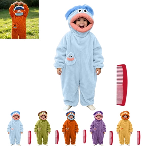Silly Goofy Onesie for Kids- Frog Onesie Funny Monster Pajamas Fleece Jumpsuit Hooded Cozy Relaxed Fit Plush Loungewear,with Comb (No Shoes Included) Blue 8-9 Years