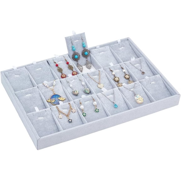 18 Grids Stackable Jewelry Organizer Tray Grey Velvet Earring Necklace Bracelet Storage Tray with Removable Dividers Jewelry Display Box