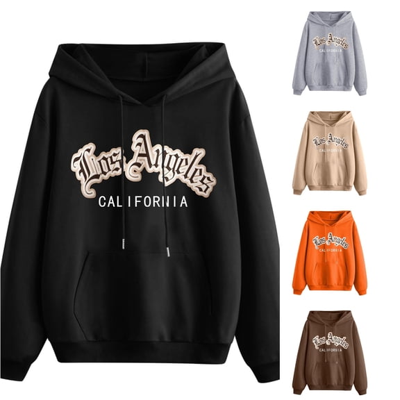 CUZIBR Hoodies For Women Letter Print Casual Long Sleeve Pullover Hooded Sweatshirt With Pocket Loose Tops Comfortable Fashion Fall Winter Clothes,Black