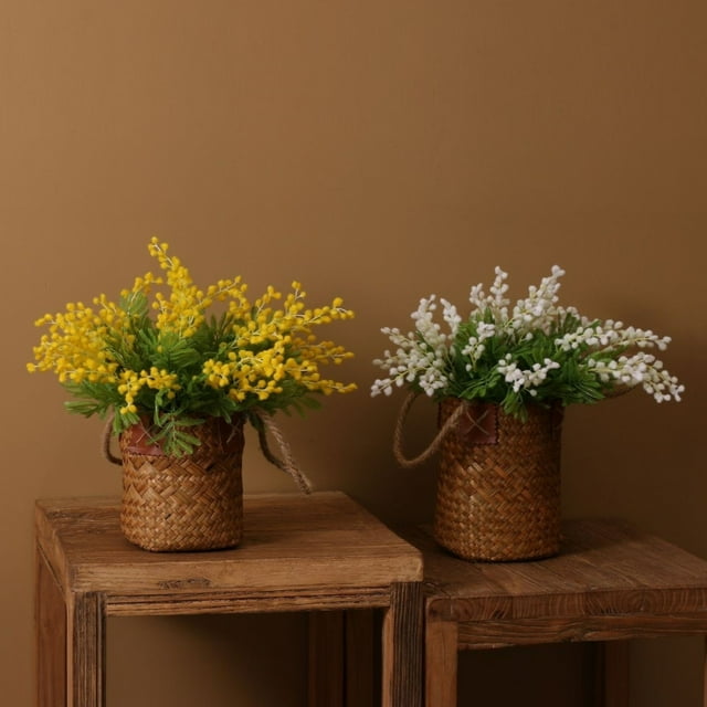 Rama de seda de mimosa artificial - Pack de 5 flores sintéticas amarillas y blancas para decoración del hogar, centros de mesa de bodas, arreglos para el salón