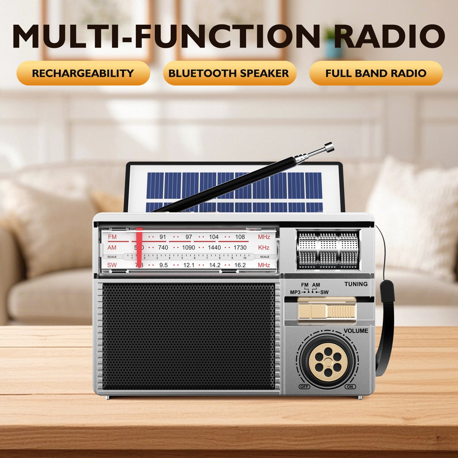 Portable AM FM SW Radio with Reception, Rechargeable & Solar Power, Big Speaker, Large Tuning Knob,Bluetooth, Earphone Jack for Gift, Elder, Home