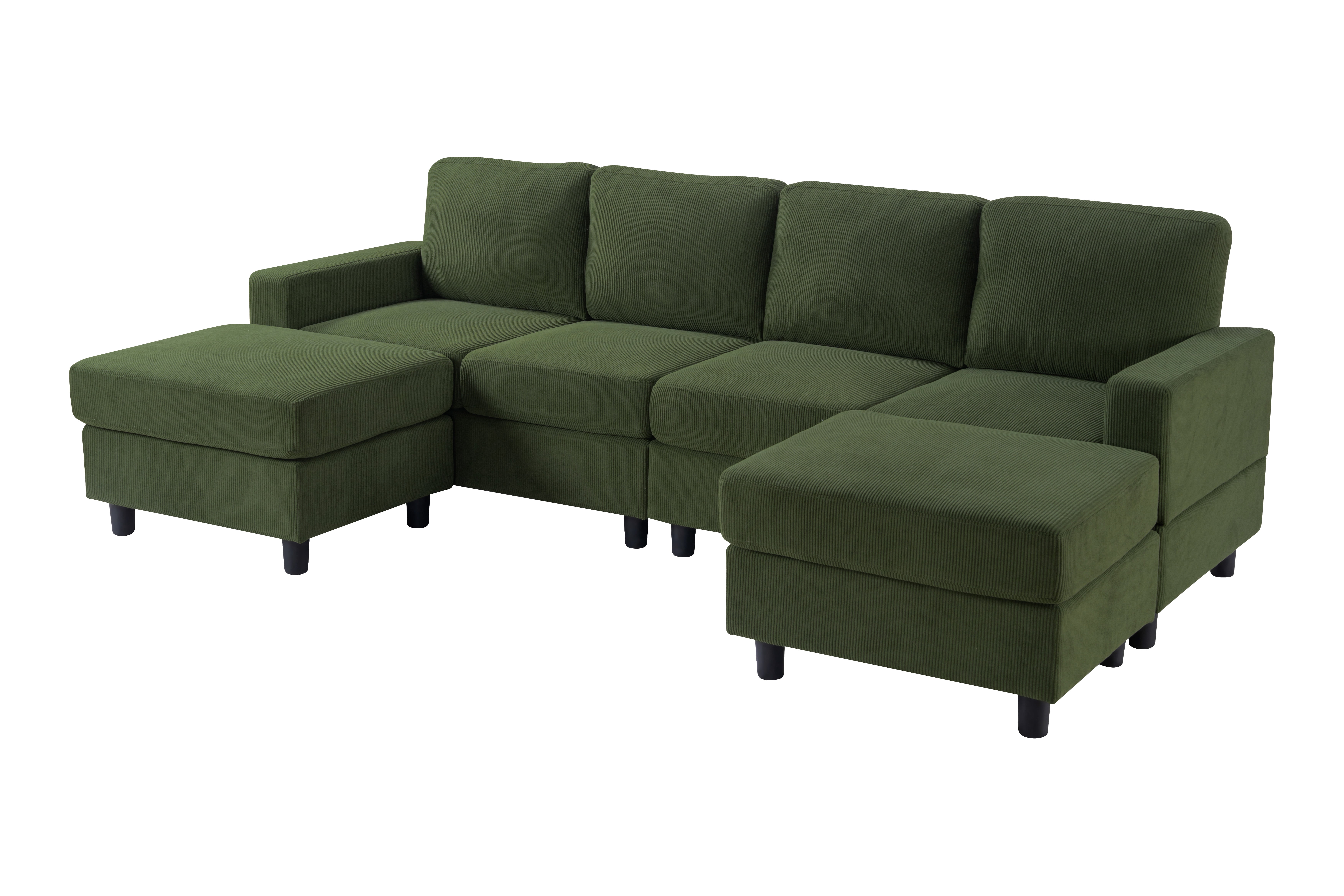 98.8 Inch Oversized U-Shaped Sectional Couch, Corduroy Upholstered 4-Seat Double Chaise Sofa with Thick Padding and Solid Plastic Legs for Living Room Family Room, Green