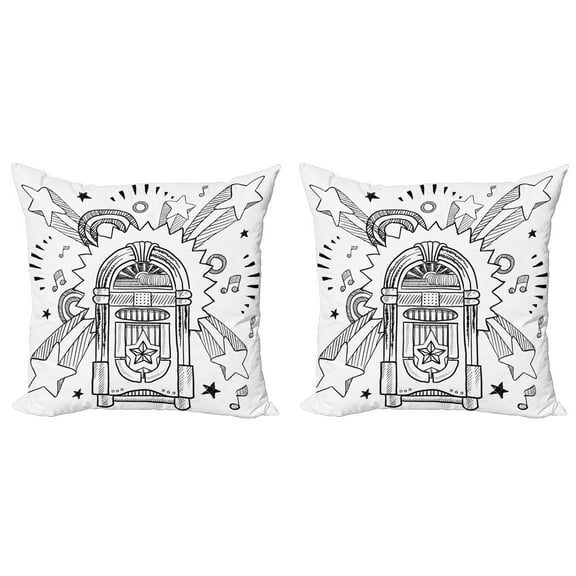 Ambesonne Retro Throw Pillow Cover 2 Pack, Cartoon Sketchy Music Box, 18", Black and White