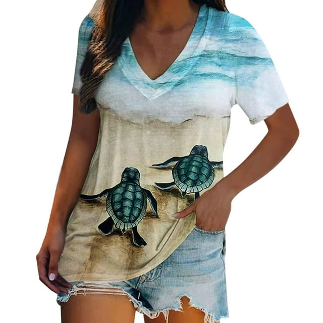 Tops de verano para mujer, camisetas de manga corta con cuello en V y estampado de tortugas marinas, camisetas costeras, camiseta de vacaciones, blusa holgada informal Pompotops hkajfhjk462231