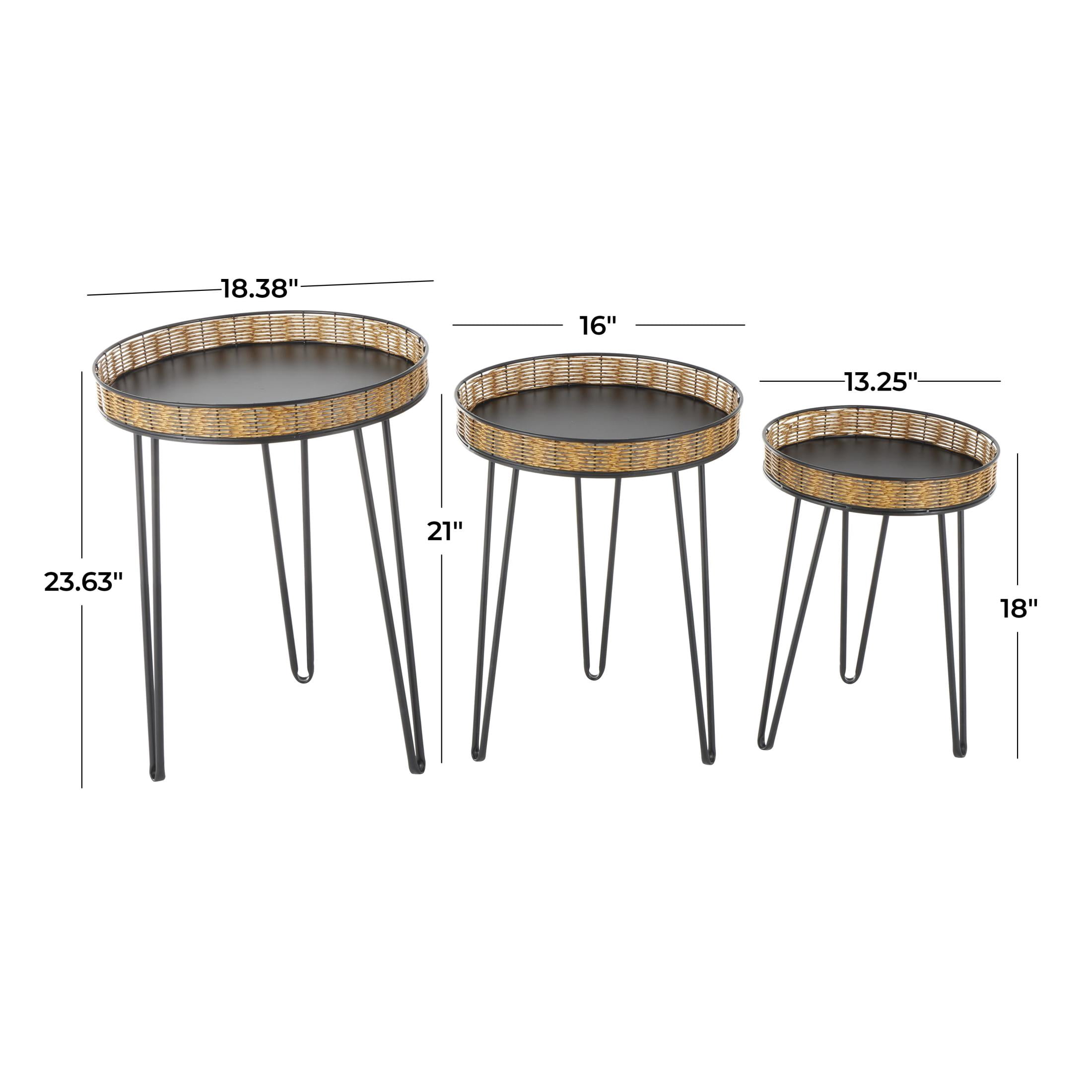 DecMode 18" x 24" Black Metal Handmade Accent Table with Rattan Edges Tabletops, 3-Pieces