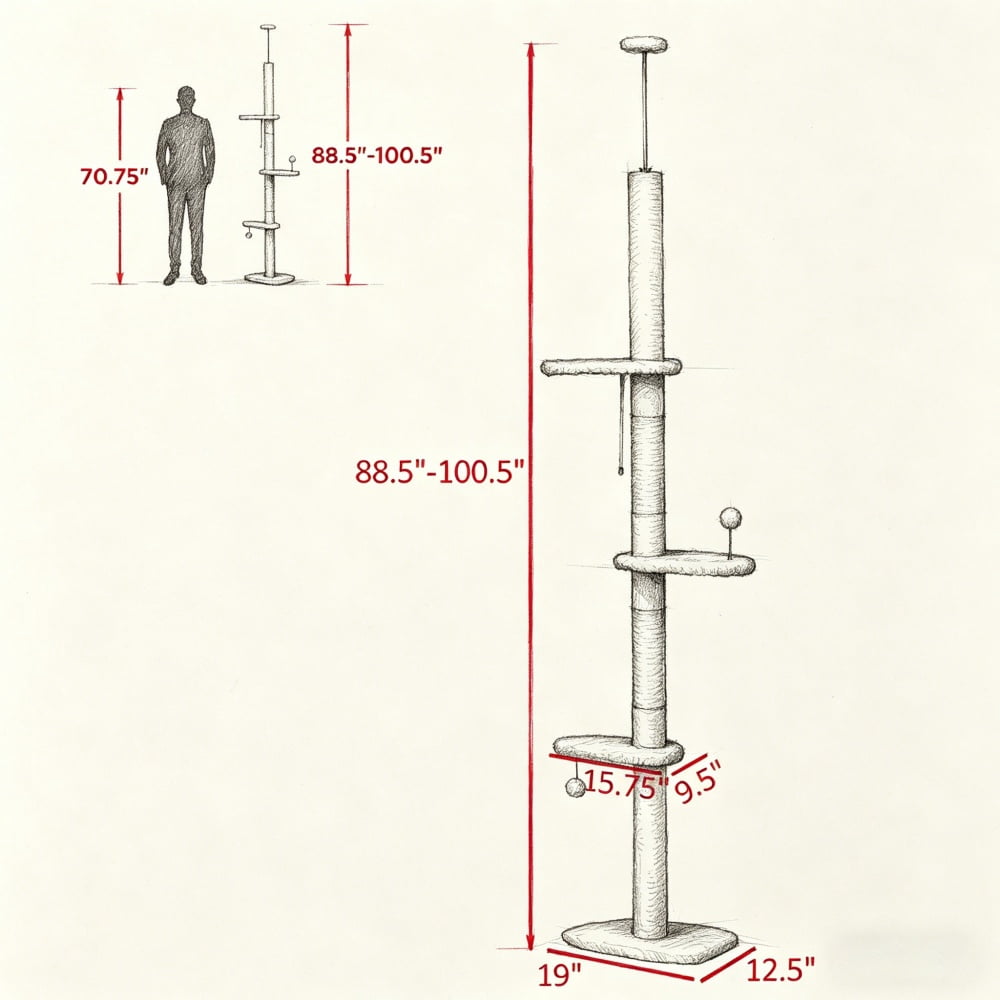 Tall Cat Tree for Small Cats (Under 10 lbs), 88.5"-100.5" Height-Adjustable (Tension Rod), Plush Fleece Cat Tower with Sisal Scratching Posts, Cloud Perches & Toy Balls