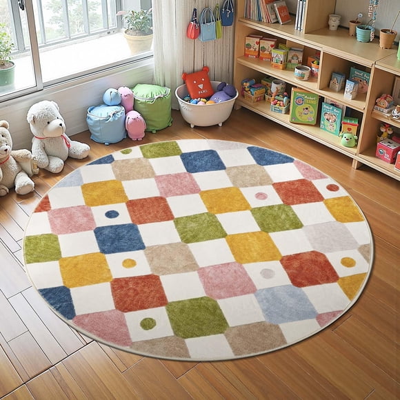 jinchan Macy Round Rug 5ft Kids Washable Rug Indoor Floor Cover Non-Slip Soft Elementary School Classroom Modern Colorful Diamond Carpet for Nursery