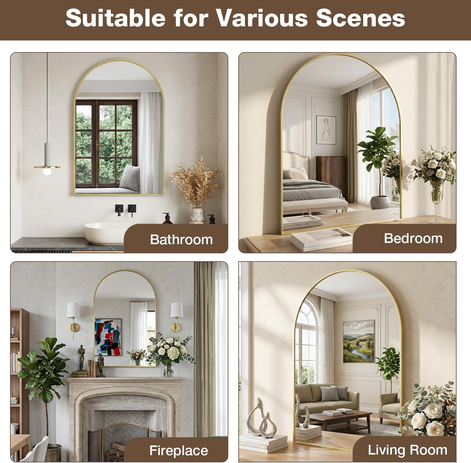 GRAHMY 24"x 16" Arched Bathroom Mirror Metal Frame Vanity Mirror Wall Mounted, Gold