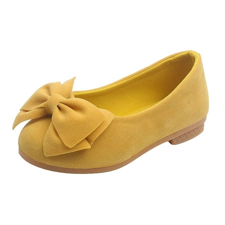 Girls  Flats Size 6-7 Years Plain Color Bowknot Mary Jane Running Athletic Pull On Hiking Yellow Girls Shoes