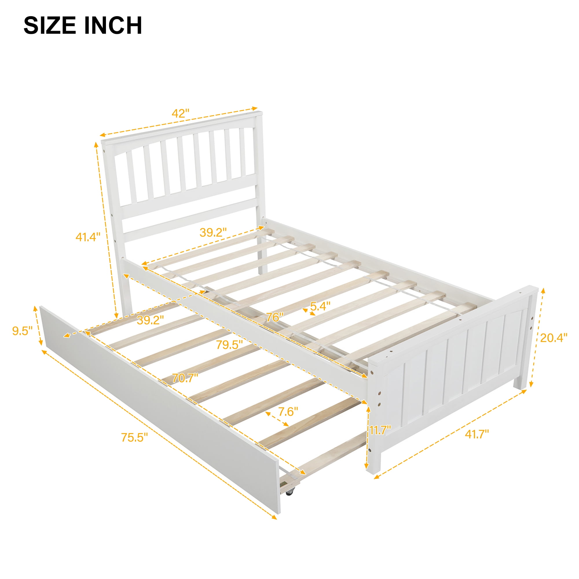 Gewnee Wood Twin Size Platform Bed with Trundle and Headboard for Kids,White