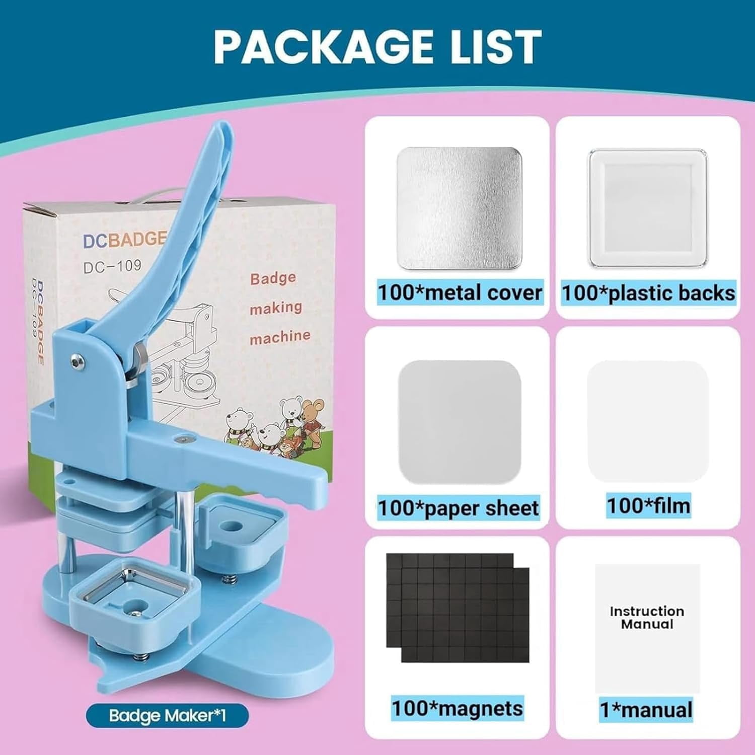 (PINK)Fridge Magnet Maker Machine, 50mm Square Photo Magnet Button Maker Kit, DIY Square Fridge Magnet Badge Button with 100 Set Square Magnet Button Making Supplies, for Souvenir, Activity Badge