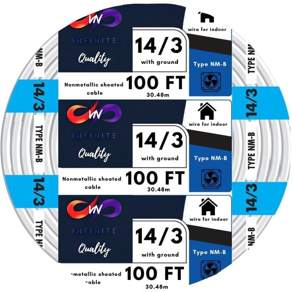 14/3 NM-B Wire with Ground NMB Cable 14 Gauge, 3 Conductor Electrical Wire Non-Metallic Sheathed Cable Residential Indoor Insulated Jacket (100ft)