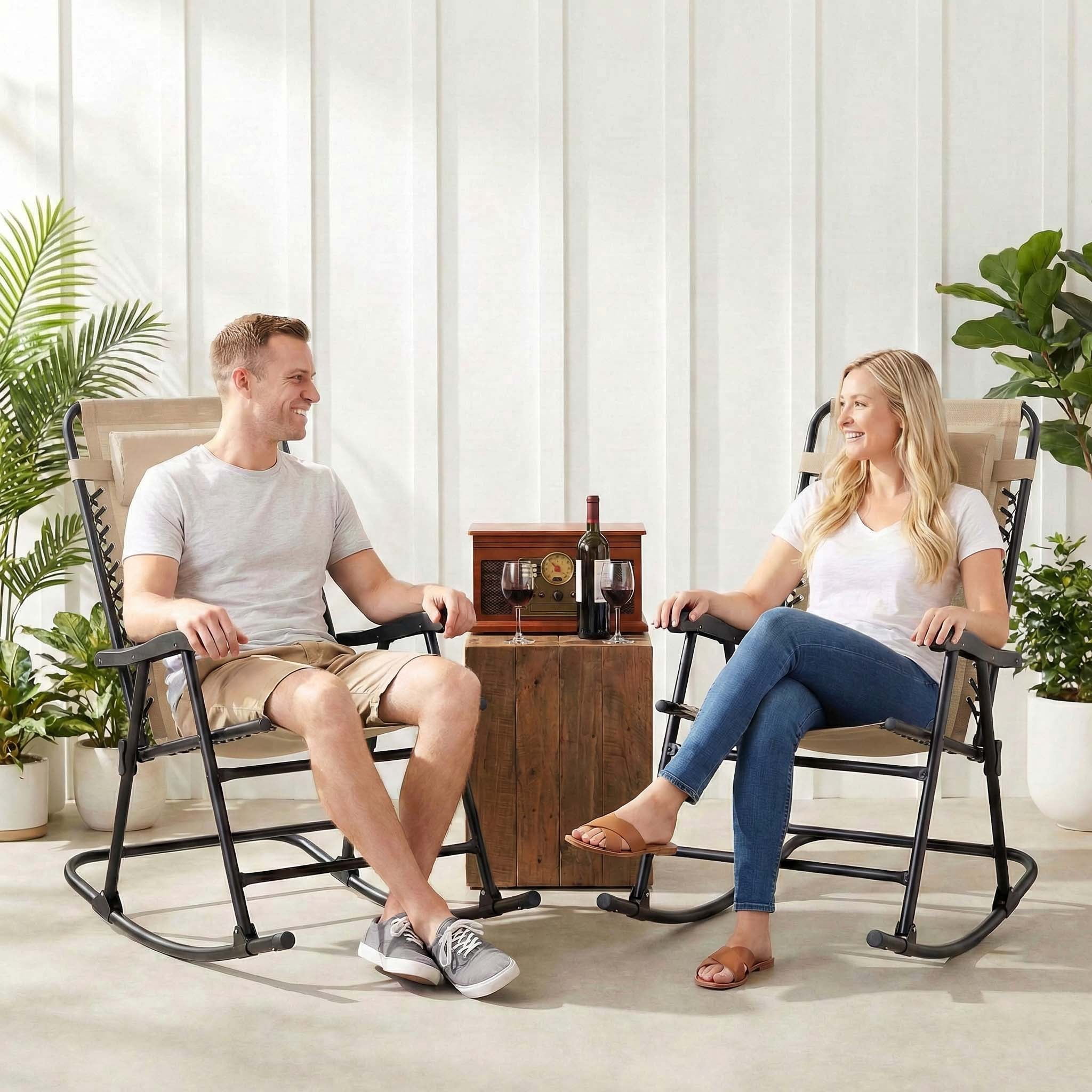 Leumius Set of 2 Outdoor Rocking Chairs, All-Weather Patio Rockers with High Back,Folding Leisure Rocking Chair for Lawn,Porch,khaki