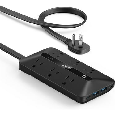 Flat Plug Power Strip 300J, Anker USB C Power Strip, 10-in-1 Ultra Thin Power Strip with 6 AC, 2 USB A and 2 USB C Ports,5ft Extension Cord, Desk Charging Station,Home Office College Dorm Room Black
