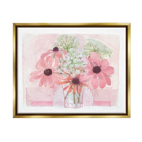 Stupell Industries Delicate Pink Flower Blossoms Bouquet Doily Vase Graphic Art Metallic Gold Floating Framed Canvas Print Wall Art, Design by unknown
