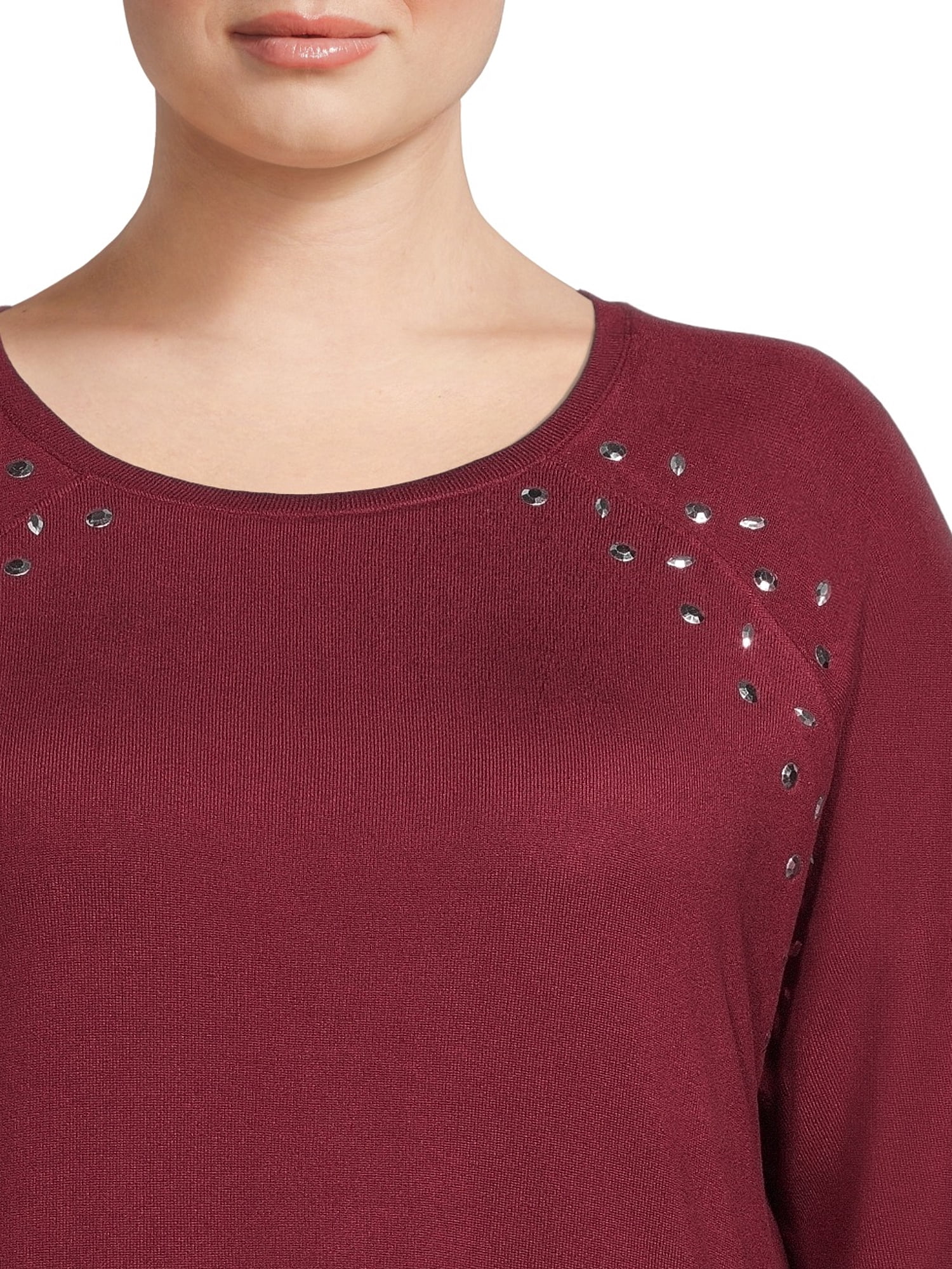 Como Blu Women's Plus Size Rhinestone Trim Sweatshirt with Raglan Sleeves