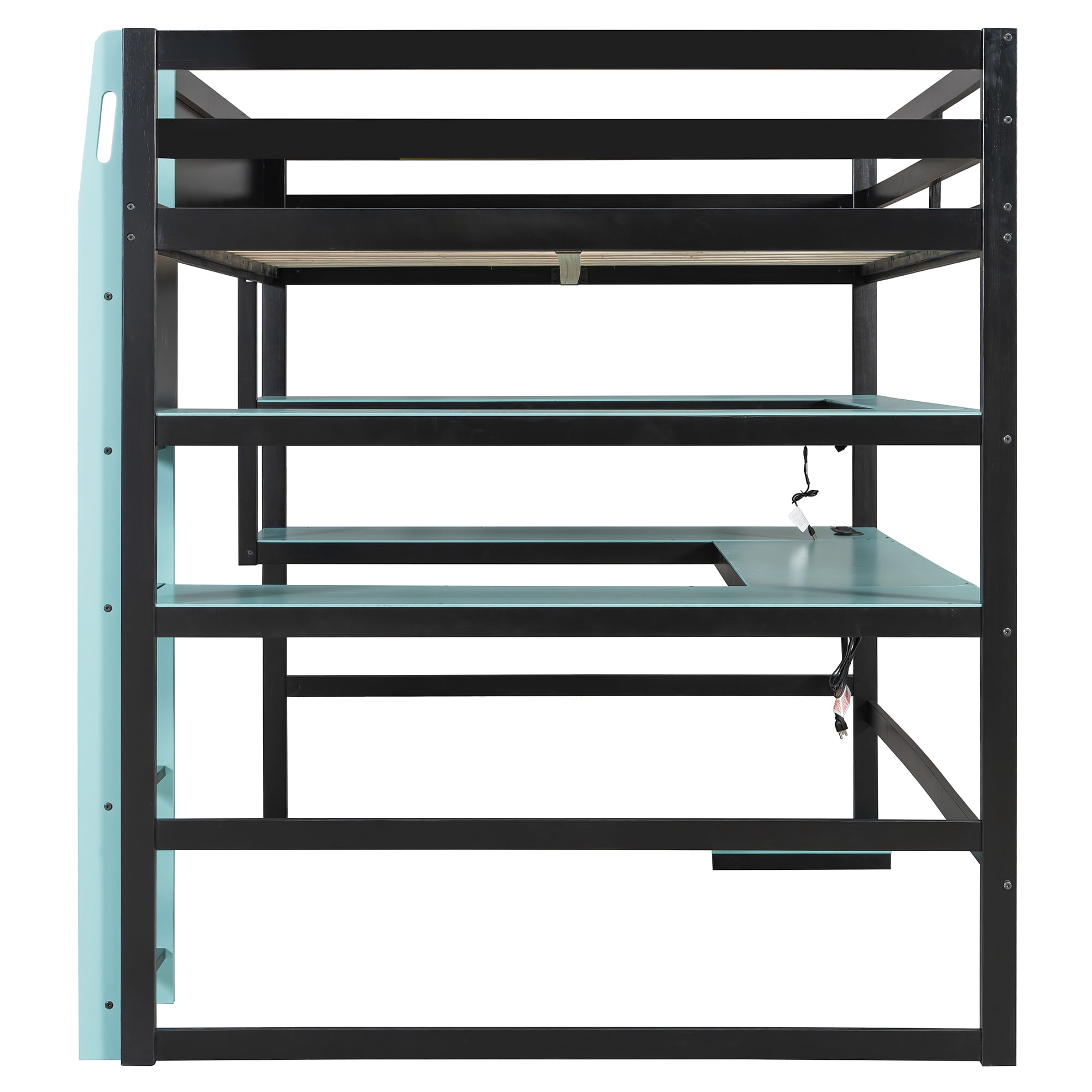 Mintazer Full Size Gaming Loft Bed with U-Shaped Desk & LED Lights, Modern Bed Frame with Shelves & Charging Station for Dorm Bedroom Apartment, Black & Blue