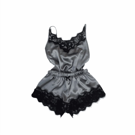 Women's Satin Lace Trim Camisole & Shorts Pajamas, Gray-XLarge