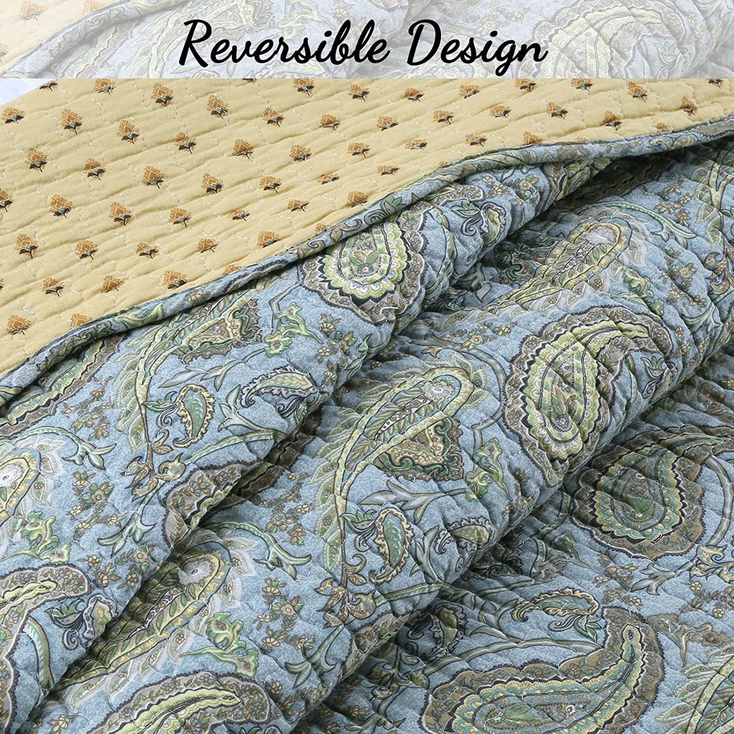 Cozy Line Green Paisley Print 100% Cotton Reversible Quilted Throw Blanket
