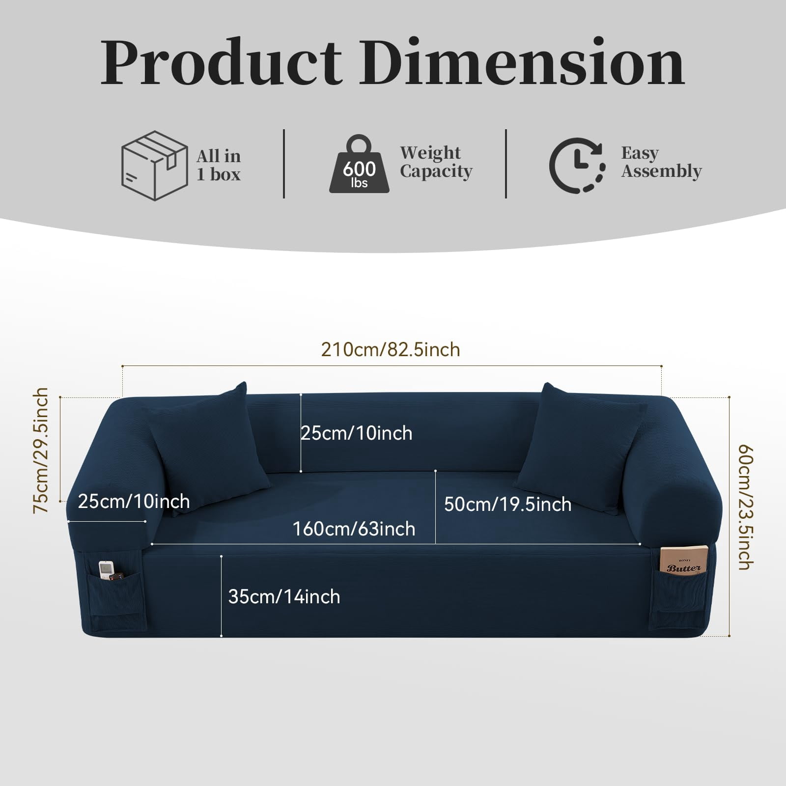 3-Seater Sofa, 83" No Assembly Deep Loveseat Couch in A Box, Spring & High-Elastic Sponge Filling Sofas with 2 Cushions & Side Storage Pockets for Living Room Apartment, Blue